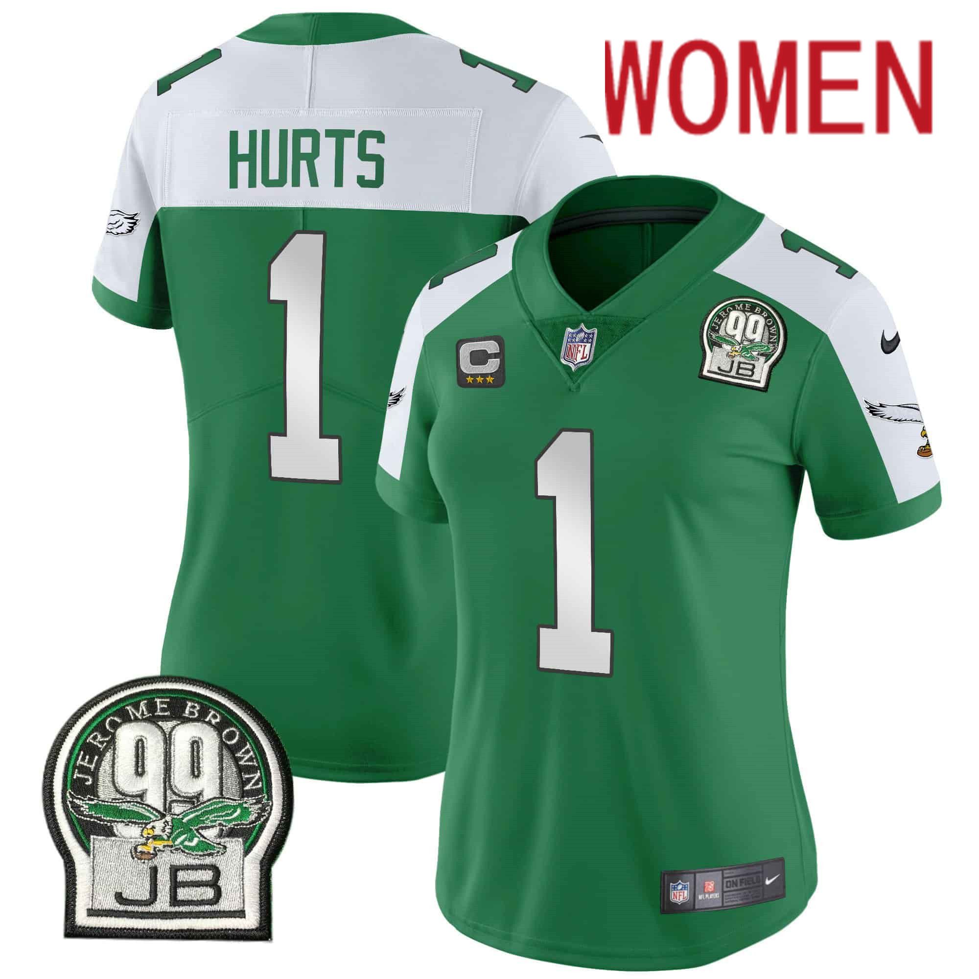 Women Philadelphia Eagles 1 Hurts Green 2024 Nike Jerome Brown Patch Alternate Limited NFL Jersey